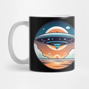 UFO flying saucer vintage over sea sunset Mug